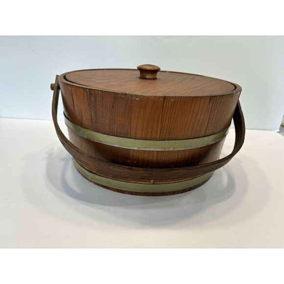 Vintage Shaker Wood Sewing Box with Swing Handle Storage Brass Banded Lid - Picture 6 of 16